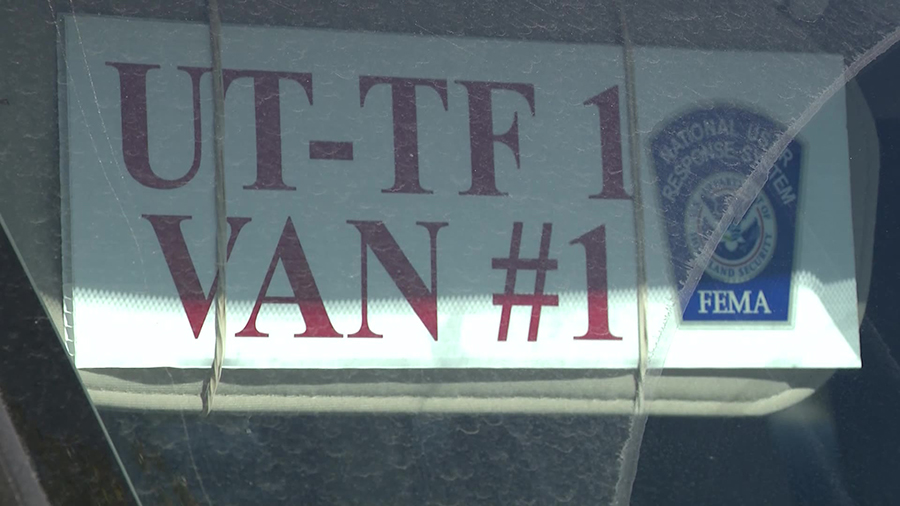 A sign for Utah Task Force-1 displayed on an emergency vehicle....