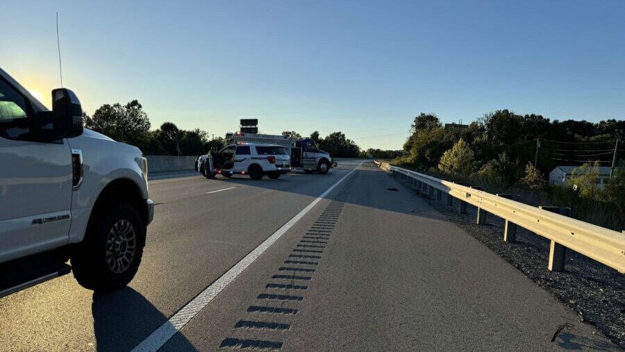 Authorities block traffic on I-75 in Laurel County, Kentucky on Saturday, Sept. 7, 2024, after repo...