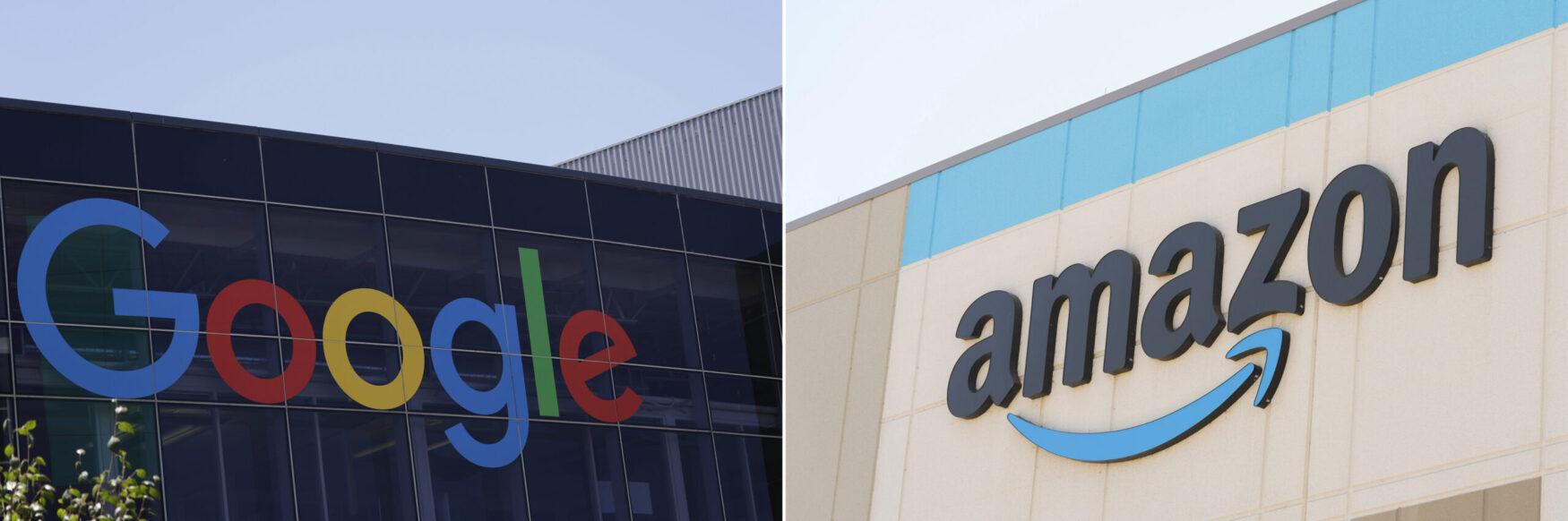 The Google logo, left, is displayed at the company's headquarters in Mountain View, Calif., on July...