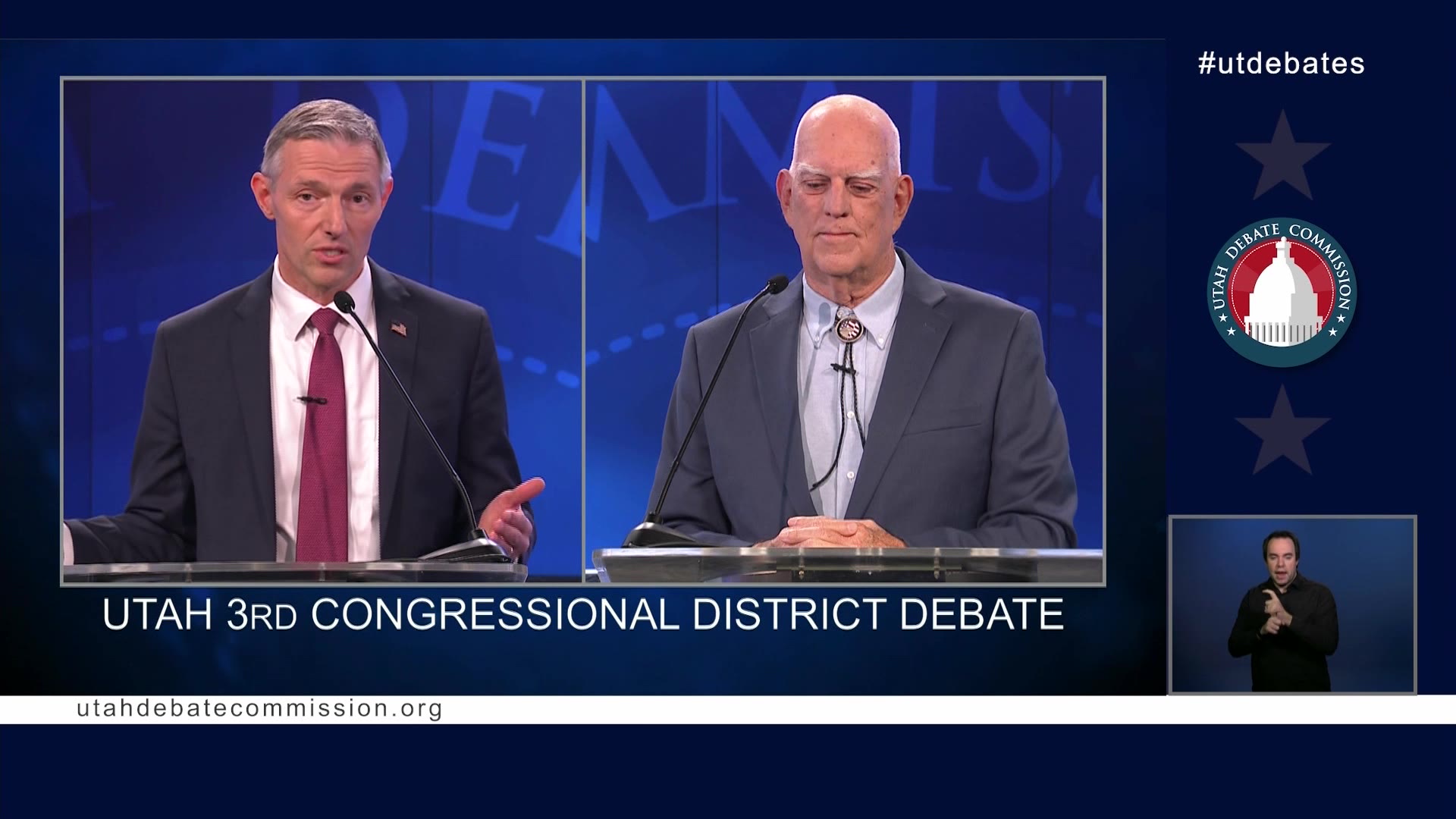 Republican Dr. Mike Kennedy (left) and Democrat Glenn Wright (right) debating each other at the Hou...