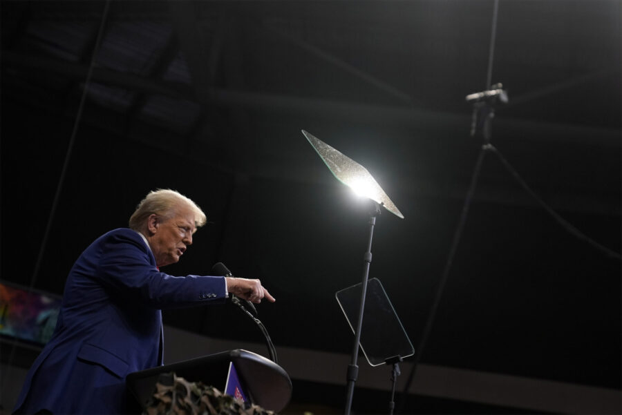 Republican presidential nominee former President Donald Trump speaks at a campaign rally at the Fin...