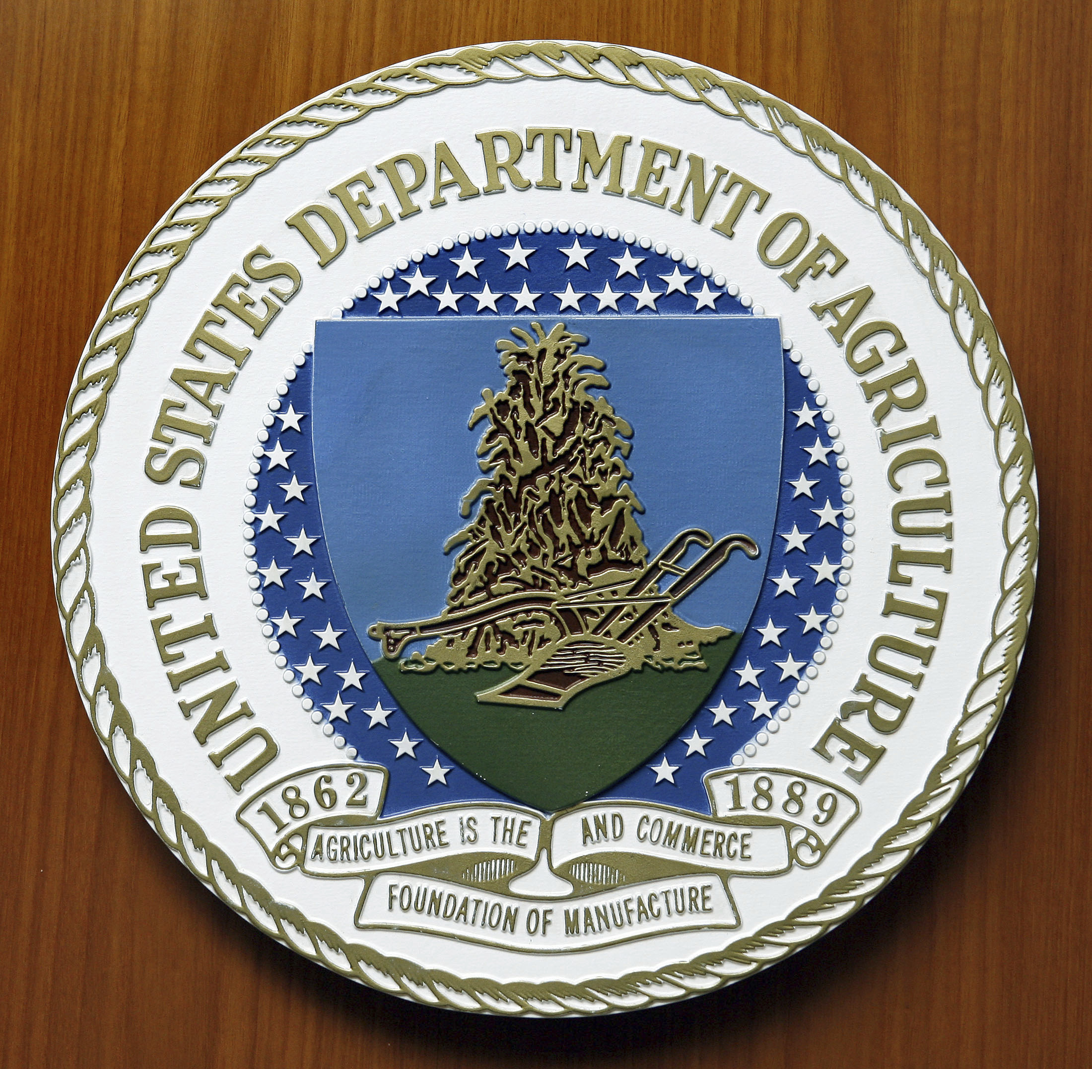 FILE - The logo of the United States Department of Agriculture is seen, Aug. 10, 2007, at the US Em...