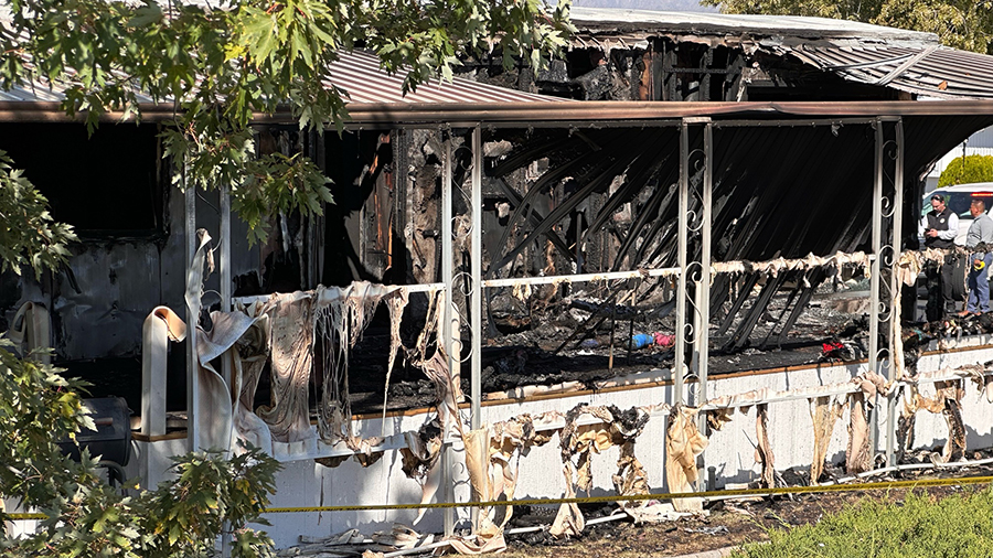 a burned mobile home...