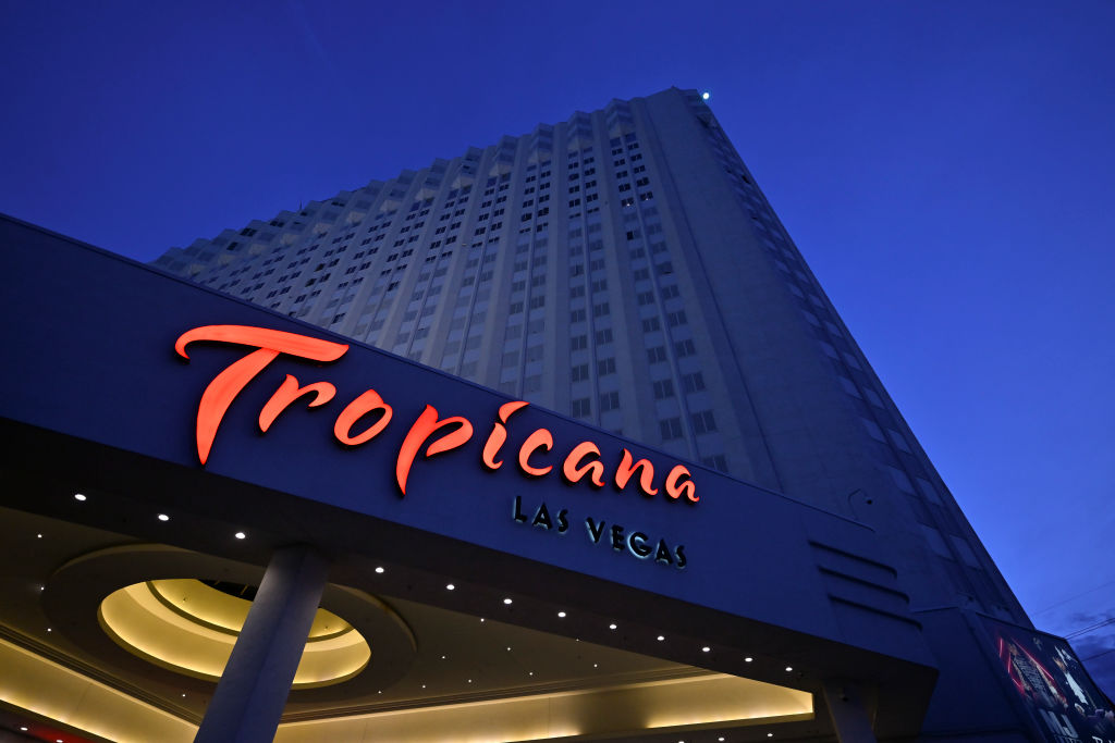 An exterior view shows the Tropicana Las Vegas at dusk on March 29, 2024 in Las Vegas, Nevada. The ...