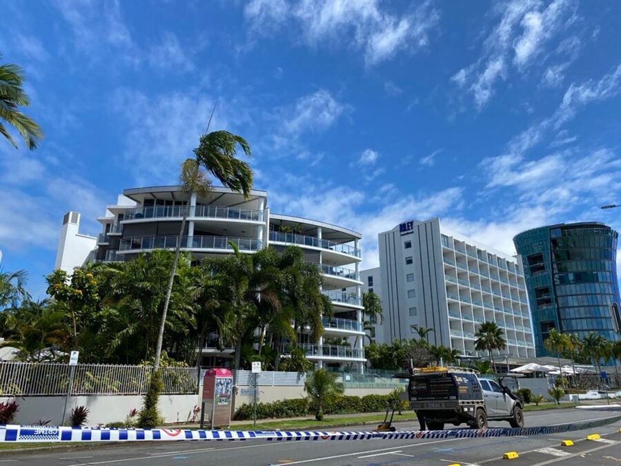 Police tape around an area after a helicopter crashed into its roof in Cairns on August 12. (Courte...