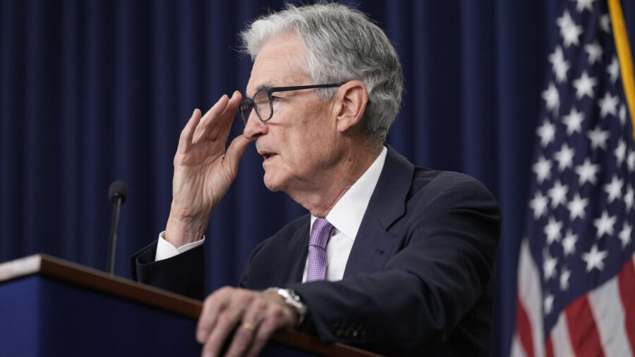 FILE - Federal Reserve Board Chairman Jerome Powell speaks during a news conference at the Federal ...