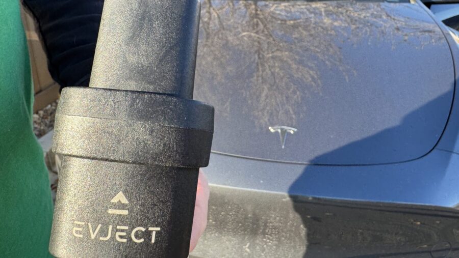 The EVject device, pictured on Friday, Nov. 8, 2024, allows drivers to pull away from EV charging s...