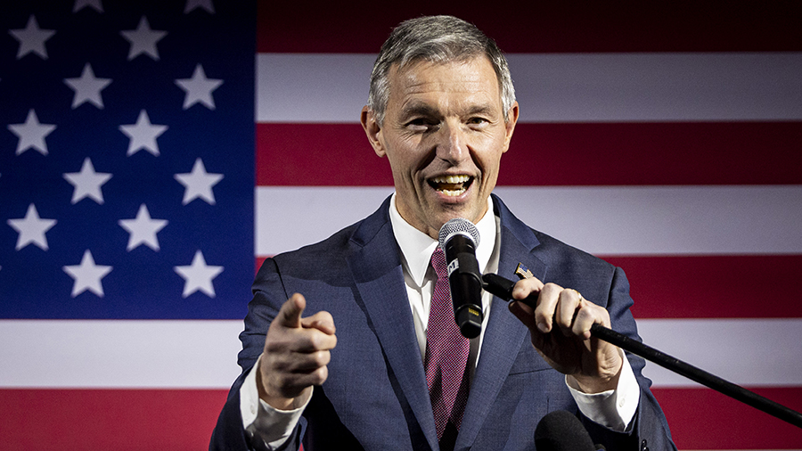 3rd Congressional District candidate Mike Kennedy gives remarks after declaring victory during a wa...