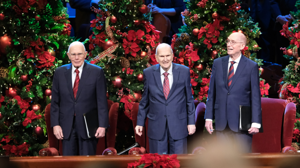 Members of the First Presidency, President Russell M. Nelson (center), with President Dallin H. Oak...